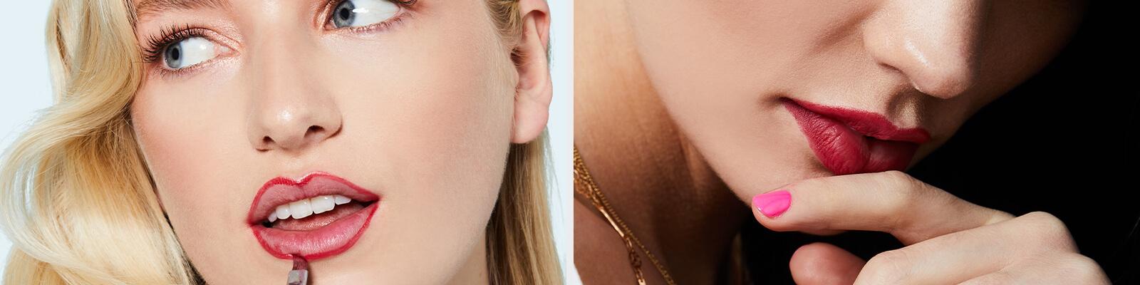 An image of a model applying lip liner using a lip brush and a closeup image of a model's red lips resting on her index finger Desktop