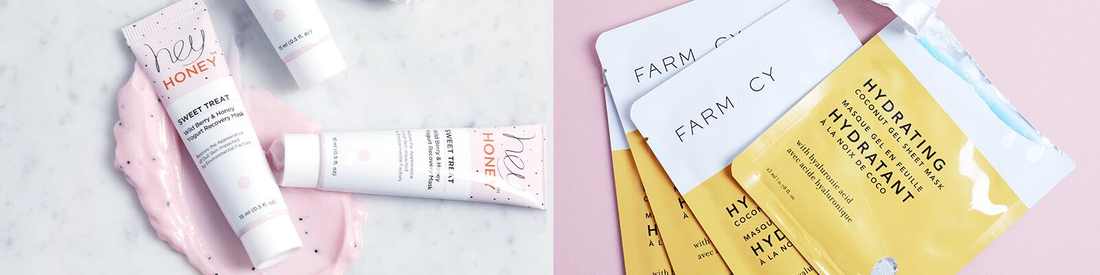 An image of HEY HONEY Sweet Treat Wild Berry & Honey Yogurt Recovery Mask and an image of FARMACY Hydrating Coconut Gel Sheet Mask Desktop