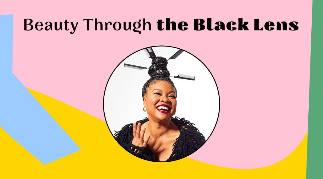 Studio portrait of Desireé Irving inside colorful frame with black text Beauty Through the Black Lens Desktop