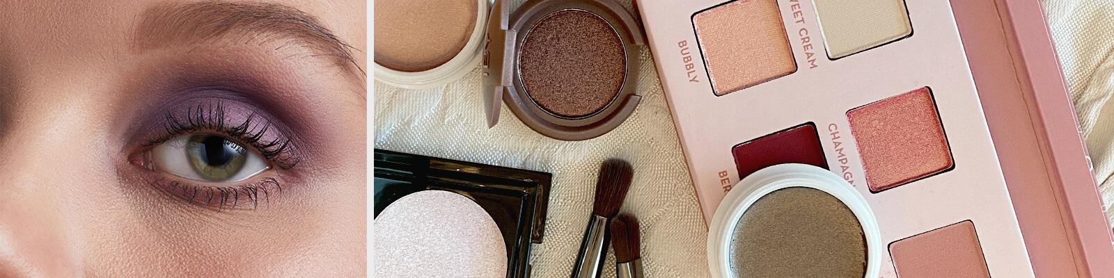 A closeup image of a model wearing purple eyeshadow and an image of eyeshadow pots and palettes Desktop