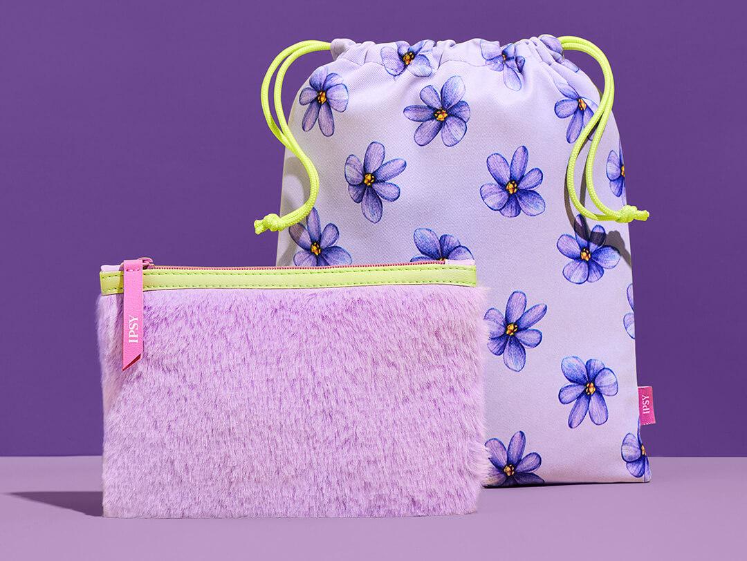 January 2023 IPSY Glam Bag and Glam Bag Plus bags on different shades of purple background Desktop