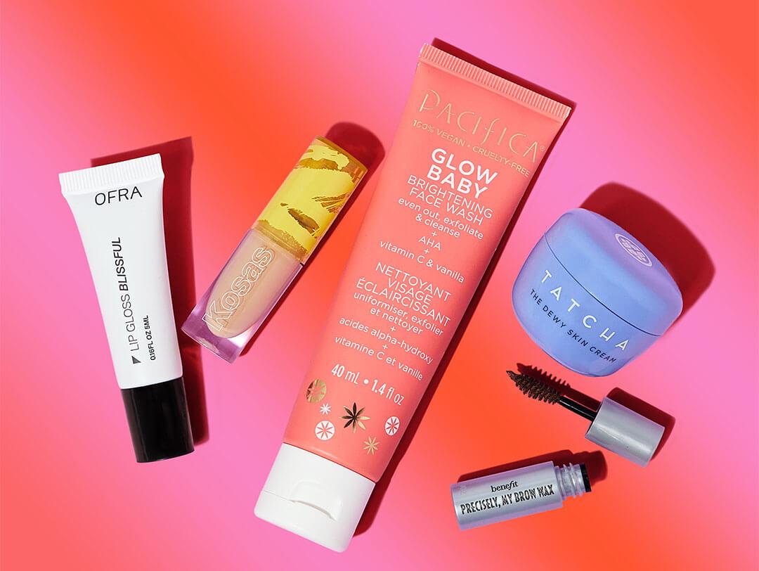 Power Picks beauty products from the March 2024 Glam Bag and BoxyCharm by IPSY on gradient pink and red background Desktop