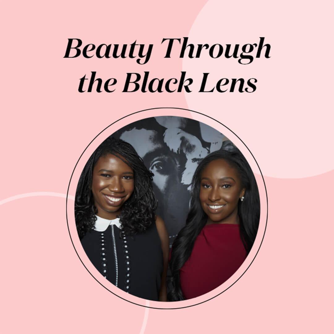 Profile image of KJ Miller and Amanda E. Johnson in pink graphic frame with black text Beauty Through the Black Lens Mobile