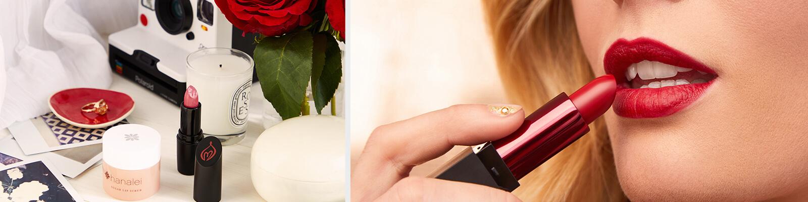 A flatlay image of lip products, polaroid camera, roses, candles, and a ring in a saucer and a closeup image of a model applying a bold red lipstick Desktop