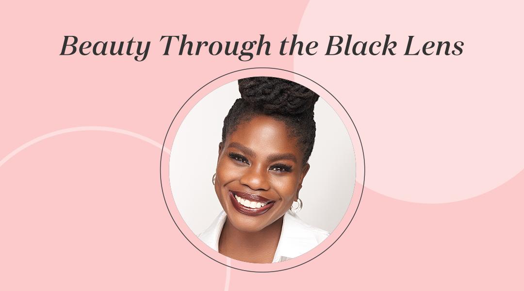 Profile image of Danessa Myricks inside pink frame with black text Beauty Through the Black Lens Desktop