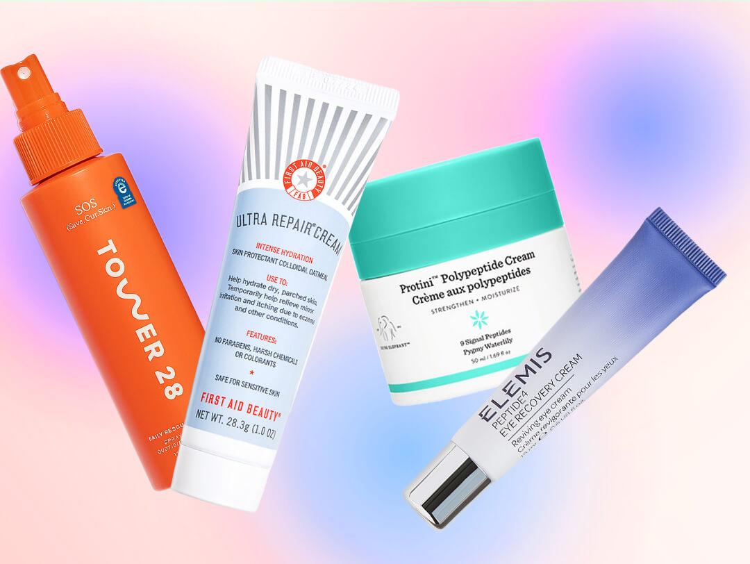 A picture featuring four skincare products from the labels Elemis, Drunk Elephant, First Aid Beauty, and Tower 28 is displayed against a gradient purple background Desktop