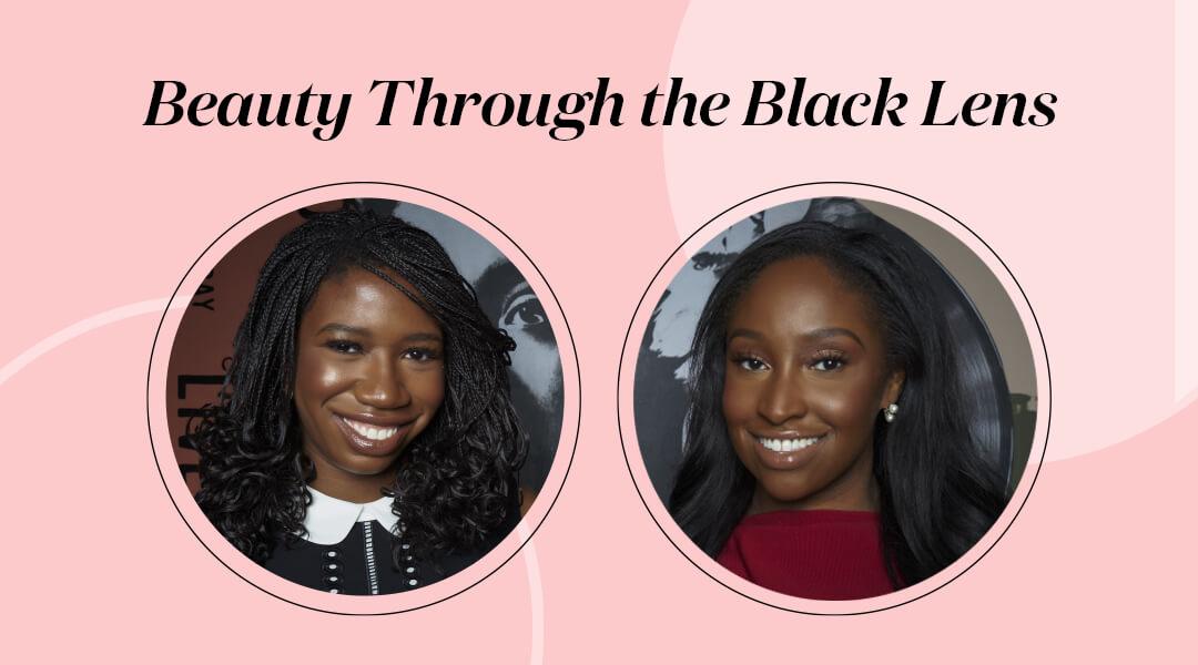 Profile image of KJ Miller and Amanda E. Johnson on pink frame with black text "Beauty Through the Black Lens" Desktop