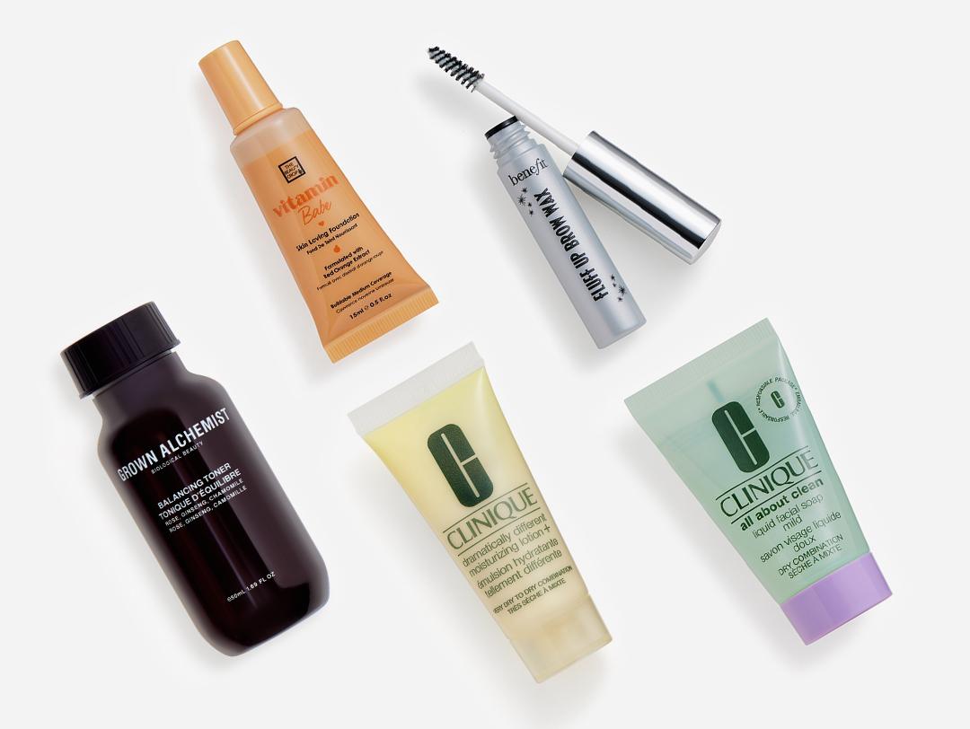 Makeup, skincare, and beauty products from the February 2023 IPSY Glam Bag on white background Desktop