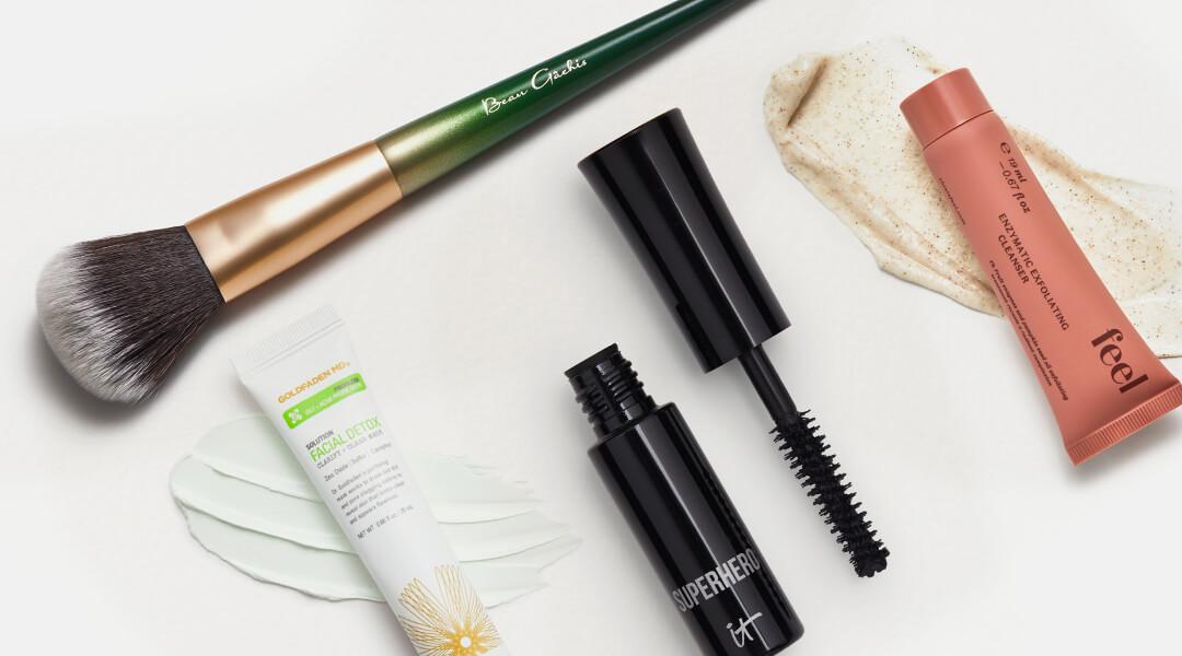 Image of skincare and makeup products and tools swatched on white background Desktop