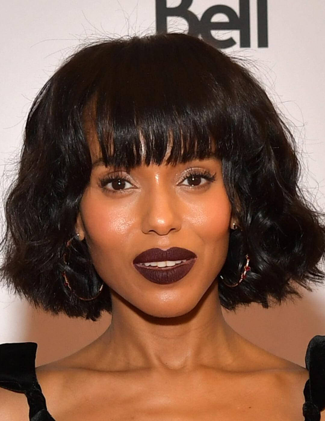 An image of Kerry Washington flaunting her black, wavy hair bob complimenting her dark, bold lipstick Desktop