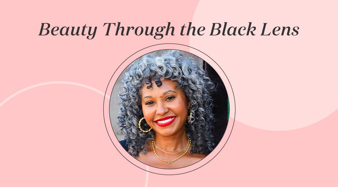 Portrait of Tennille Murphy inside pink frame with black text Beauty Through the Black Lens Desktop