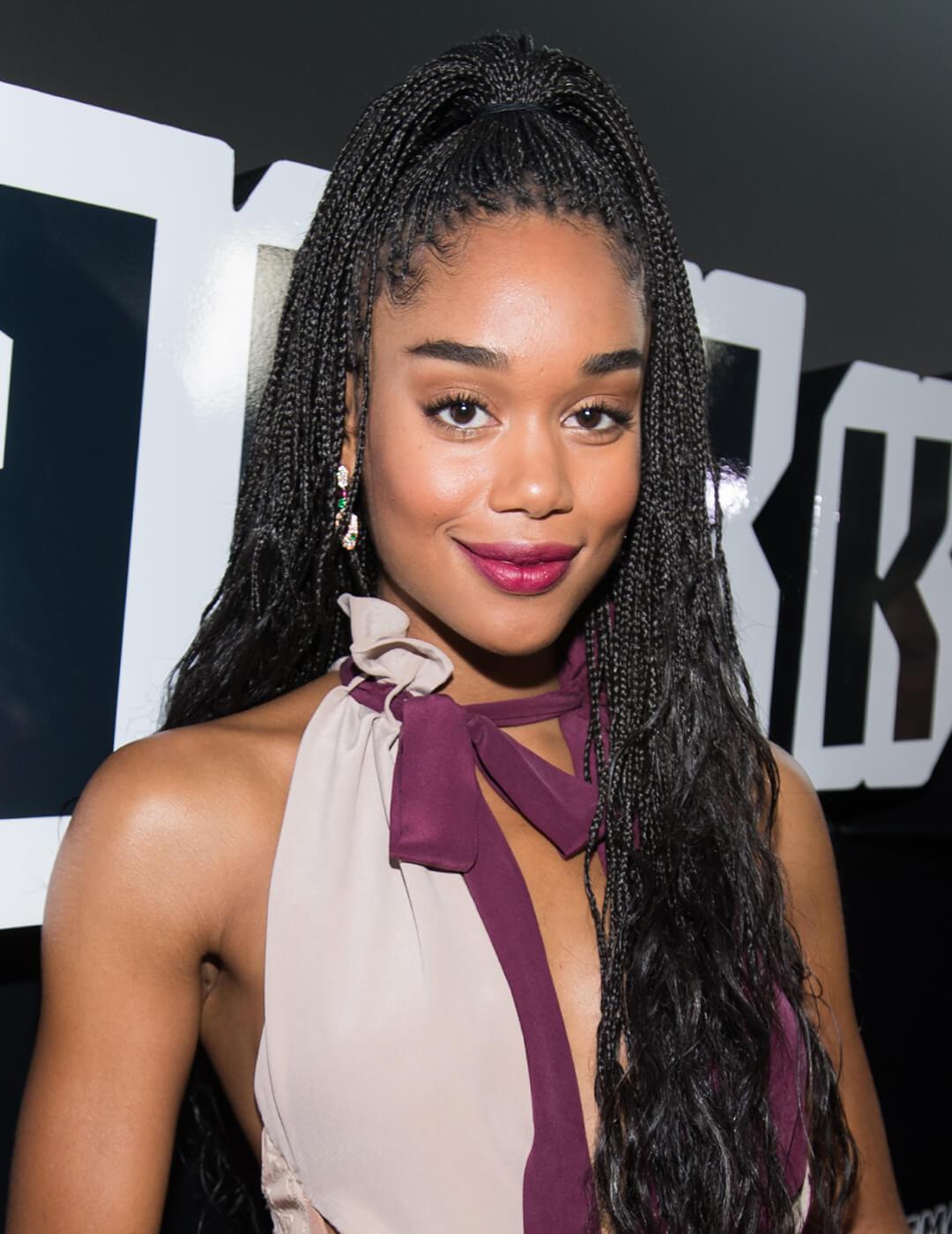 Laura Harrier rocking a Bohemian braids high ponytail hairstyle, burgundy and offwhite dress, and neutral eyeshadow makeup paired with berry lips Desktop