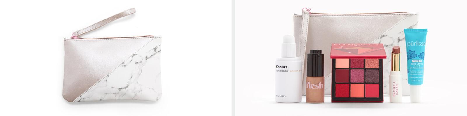 An image of the January Glam Bag Plus bag design and an image of the Glam Bag Plus with a few of the products in front. Desktop