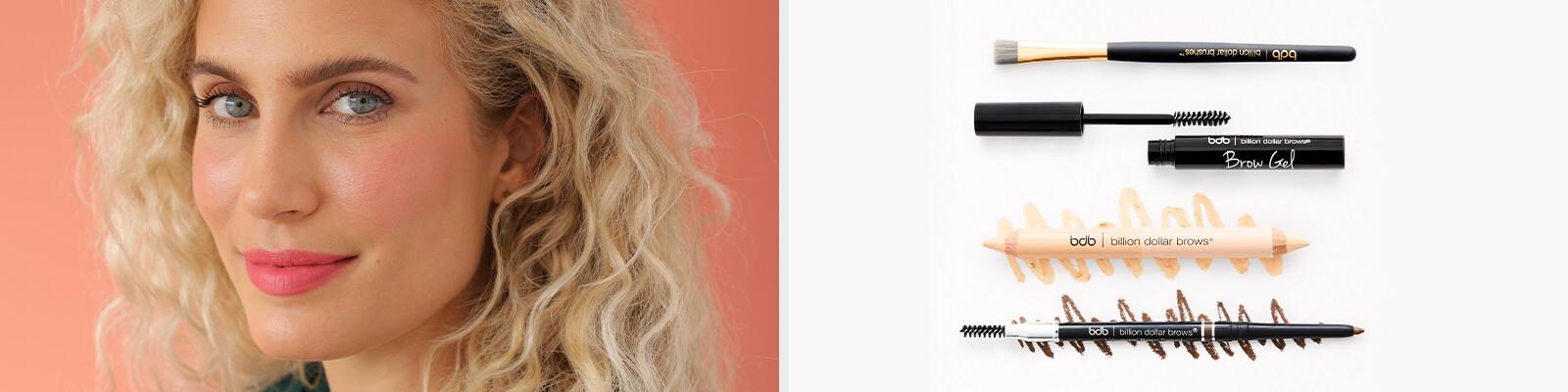 An image of a model with a no-makeup makeup look and an image of BILLION DOLLAR BROWS Best Sellers Kit Desktop