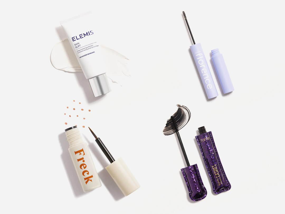 Makeup and skincare products from August 2021 IPSY Glam Bag Plus swatched on white background Desktop