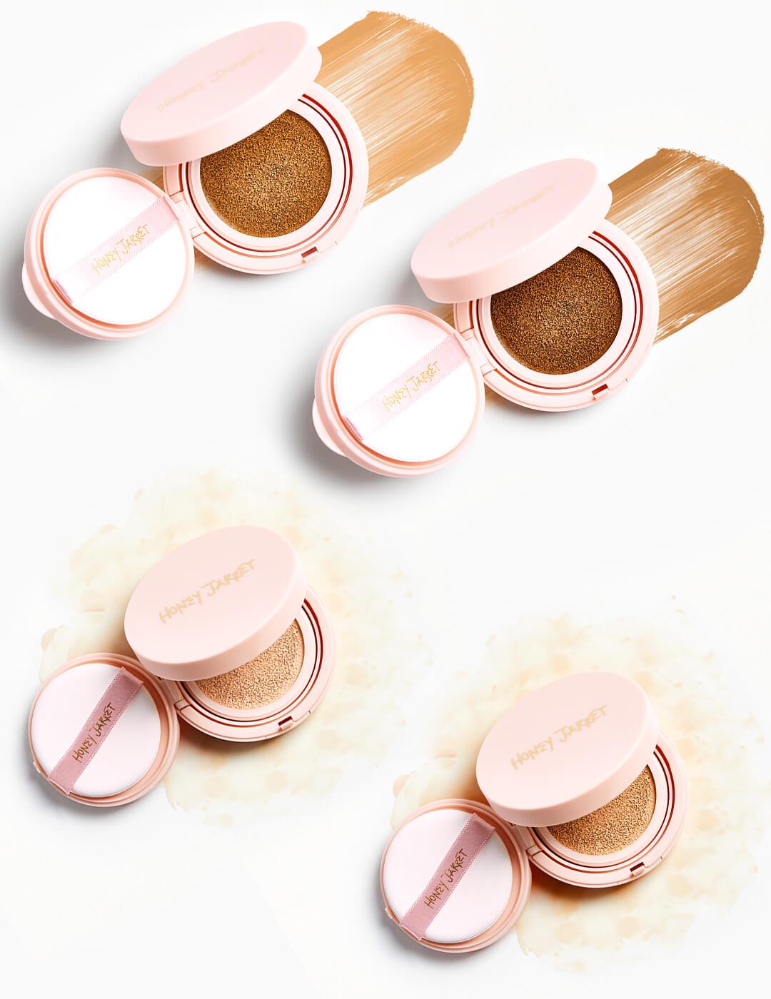 An image of HONEY JARRET Clean Cover Cushion Foundation in Tan Cocoa, Light Vanilla, Light Ivory, and Golden Honey. Mobile