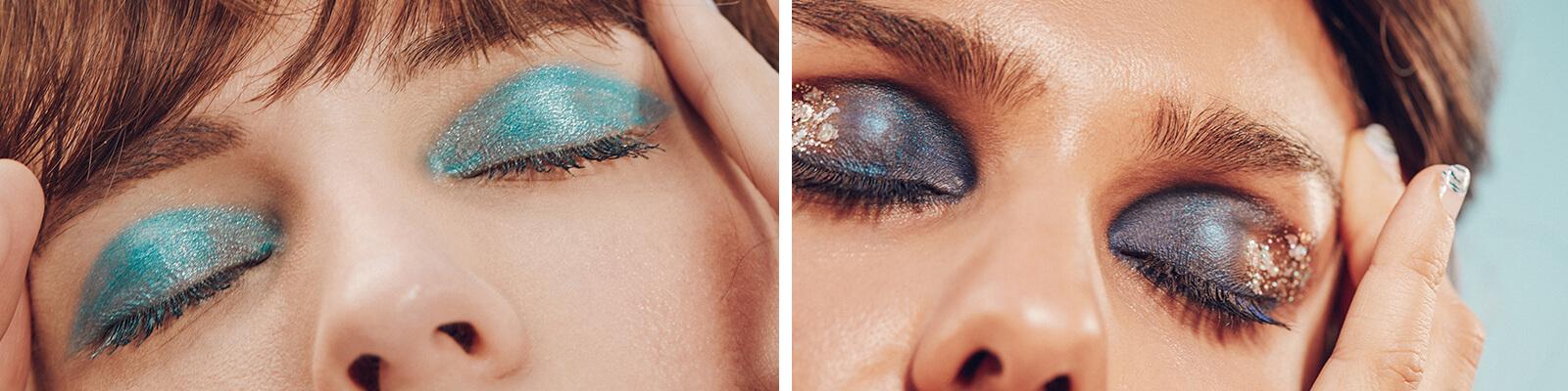 An image of an aqua blue smoky eye makeup look and an embellished dark metallic gray smoky eye makeup look Desktop