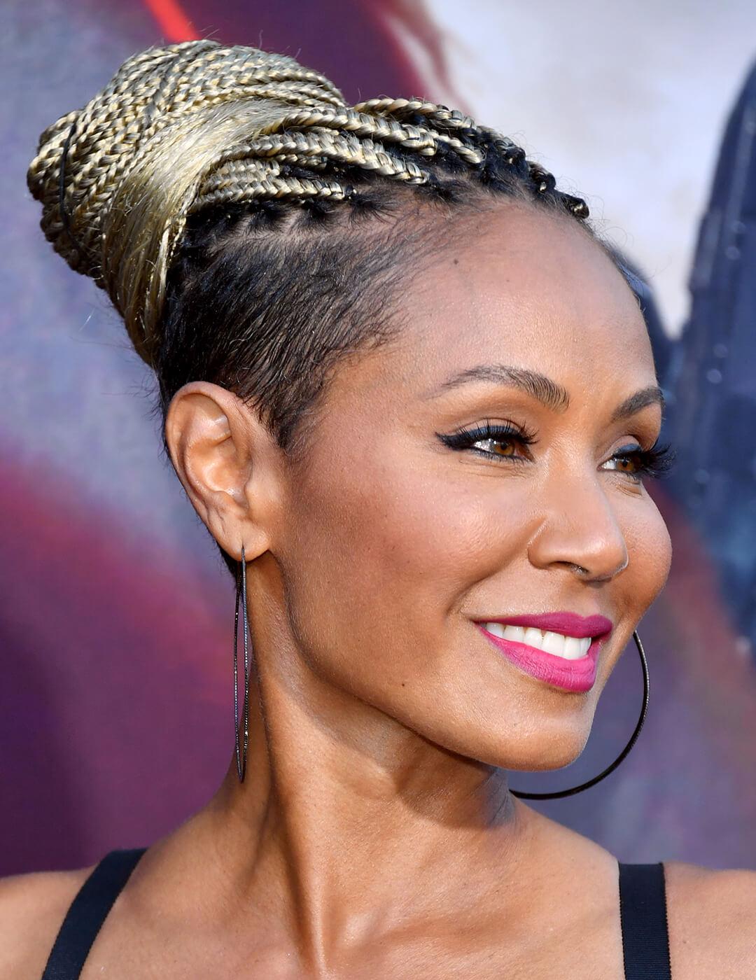 Jada Pinkett Smith rocking a long pixie undercut hairstyle with blonde braids at the red carpet Mobile