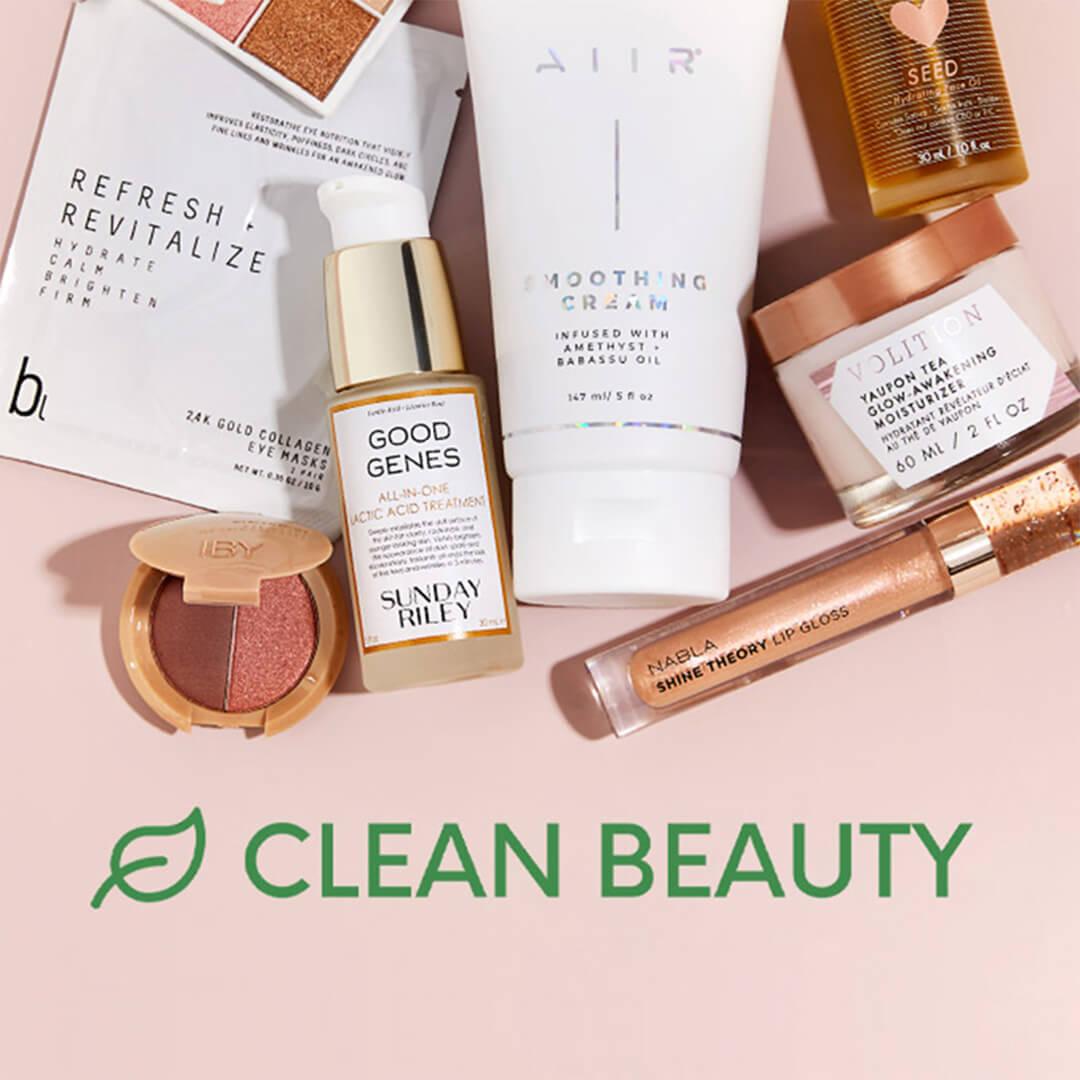 Clean skincare and makeup products from various brands on pink background with green text CLEAN BEAUTY Mobile