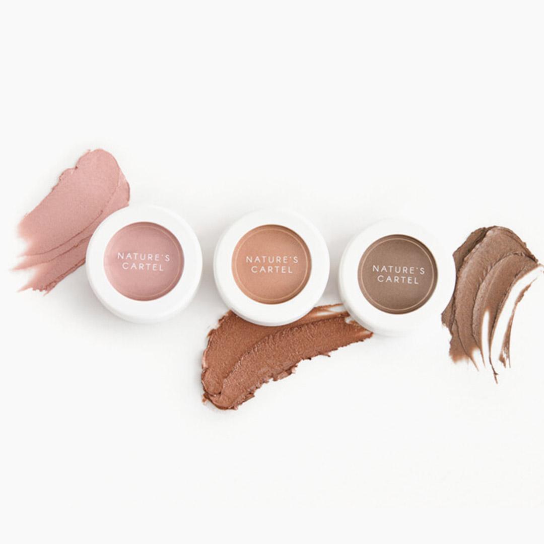 NATURE’S CARTEL Eyeshadow Trio in Champagne Scandal, Tan Lines from Tahiti, and 90’s Nude Mobile