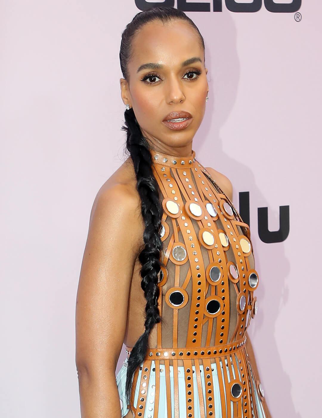 Kerry Washington in caramel leather strapped dress rocking a tousled, side-swept braided ponytail hairstyle Desktop