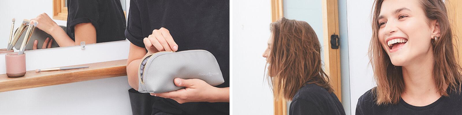 An image of person wearing a black shirt holding a grey makeup bag and a girl in a black shirt smiling Desktop