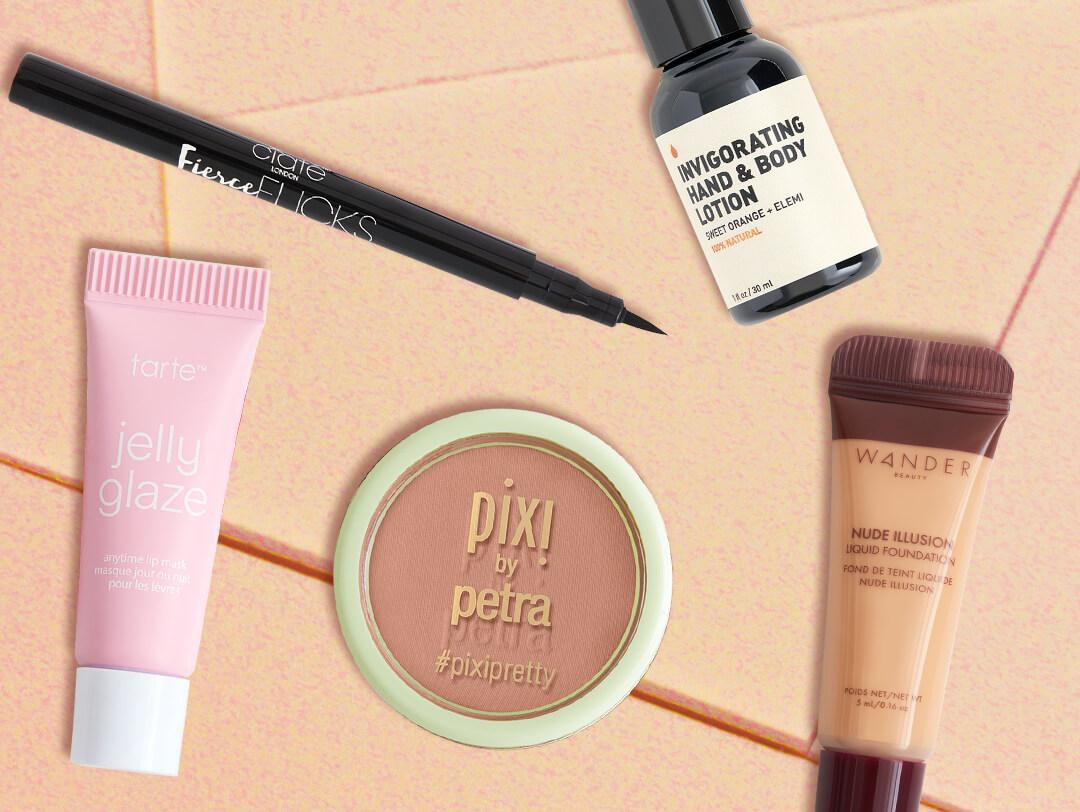 Flat lay image of makeup and skincare products from May Glam Bag 2020 Desktop