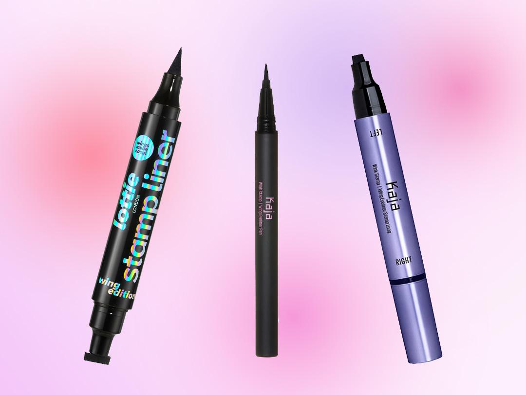 A photo of three various brands of best eyeliners on a colorful background Desktop