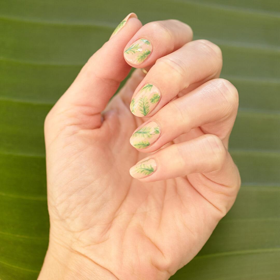 Close-up image of a hand with palm tree fronds nail art mani on a banana leaf background Desktop