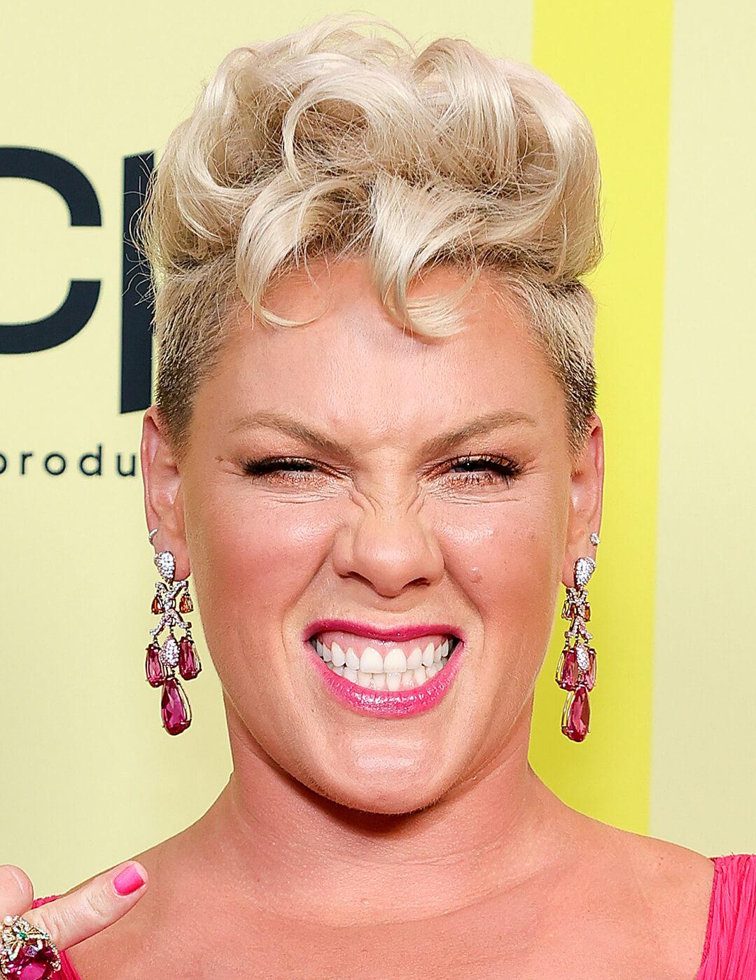 P!nk rocking a curly pompadour and ombré undercut hairstyle and posing Desktop
