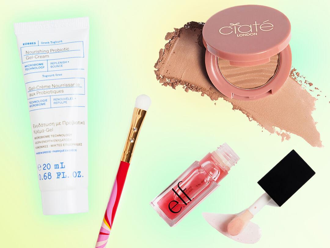 Makeup and skincare beauty products from the August 2024 IPSY Glam Bag on gradient background Desktop