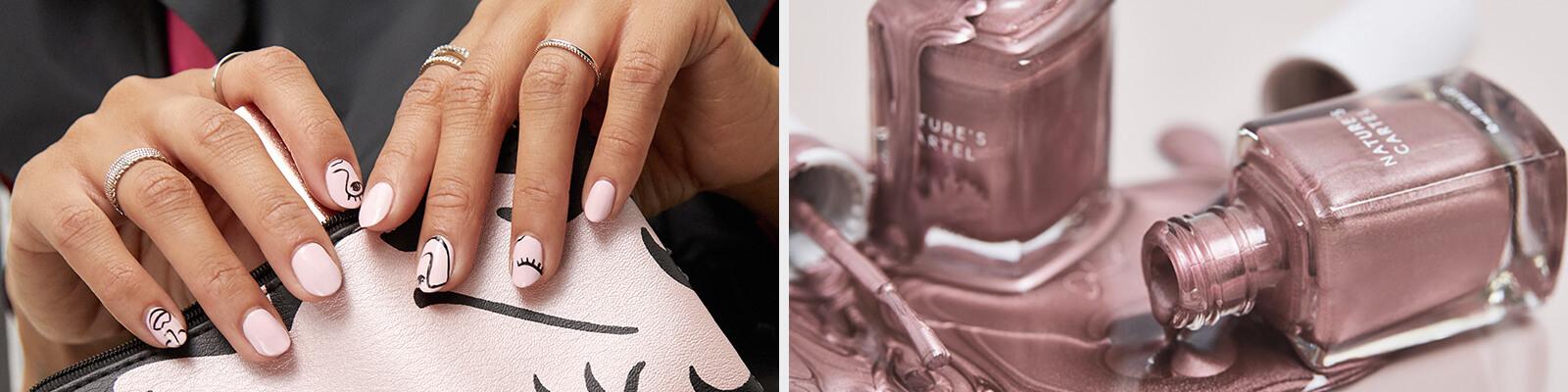 A closeup image of a model's hands with light pink graphic mani holding a light pink and black graphic bag and an image of two bottles of rose gold nail polish spilt Desktop