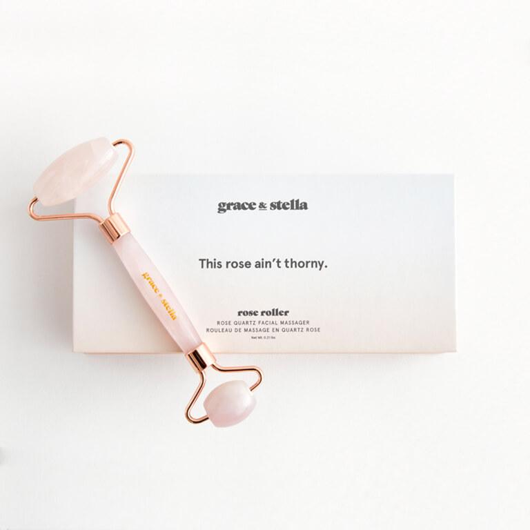 GRACE & STELLA Rose Quartz Facial Roller Desktop