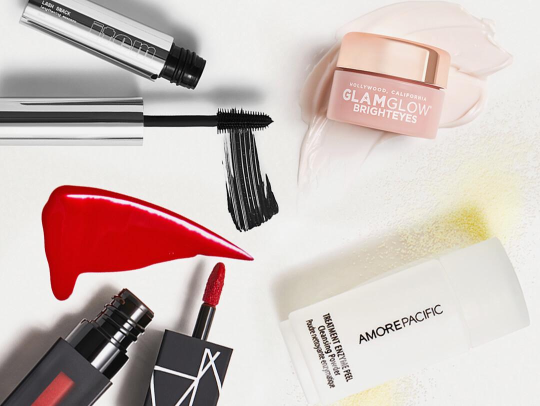 Four makeup and skincare products swatched on white background Desktop