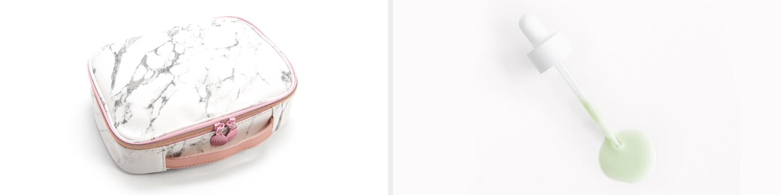 An image of the January Glam Bag Ultimate bag design and an image of the SWEET CHEF Kale + Vitamin B Serum Shot and its dropper Desktop