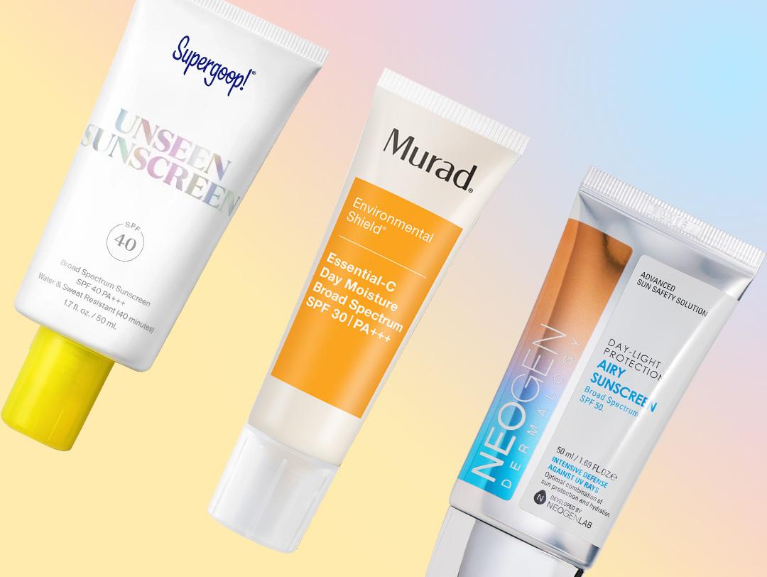 A flatlay of different sunscreen products on a pastel gradient background Desktop