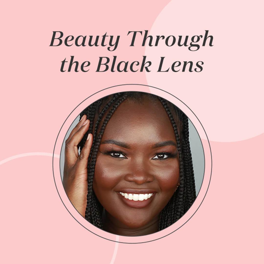 Profile image of Ndeye on pink background with black text Beauty Through the Black Lens Desktop
