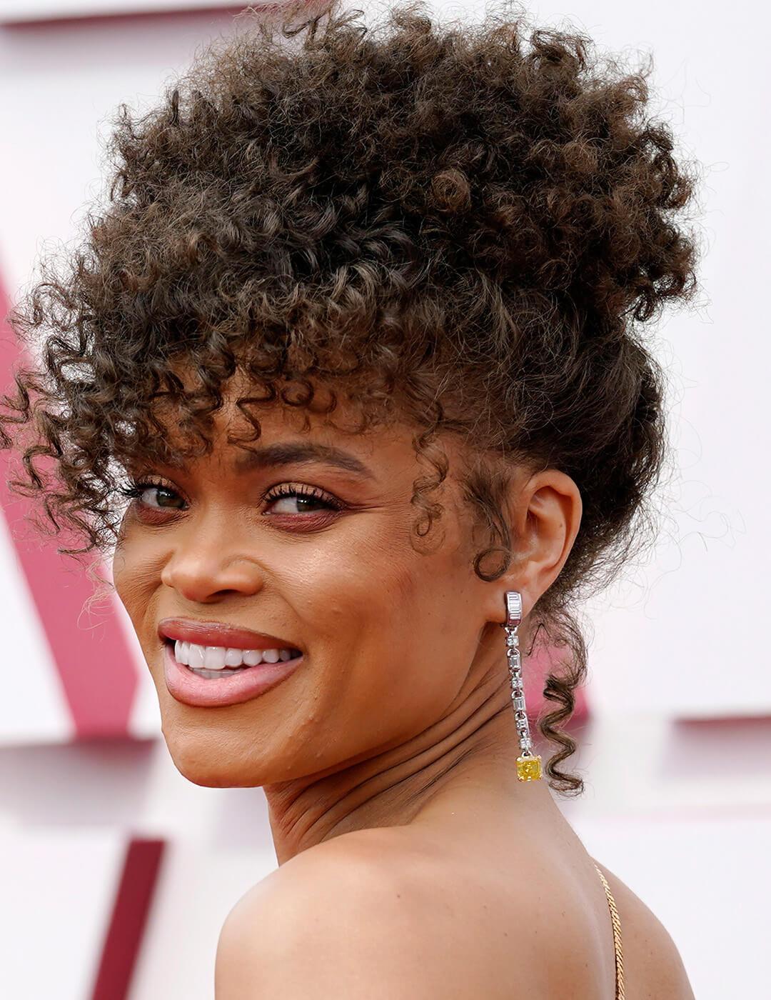 An image of Andra Day wearing a long yellow-end silver earring with a french-twist hairstyle Desktop