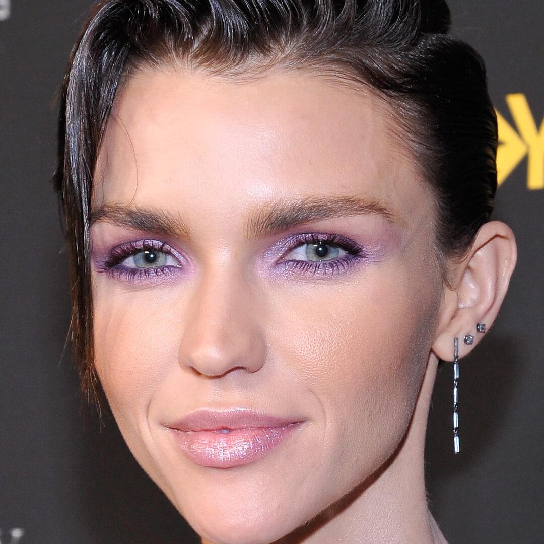 Close-up image of Ruby Rose rocking a shimmery lavender eye makeup look Desktop