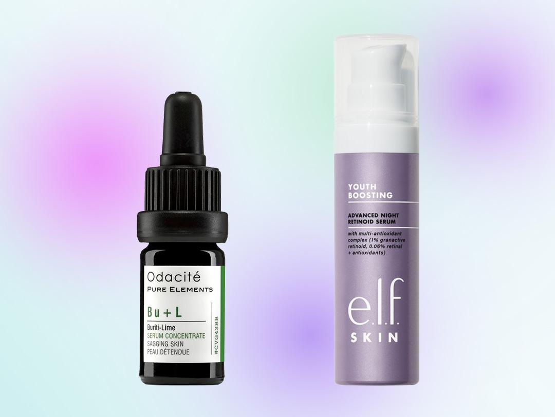 Two bottles of anti-aging serums from various brands swatched on colorful background Desktop