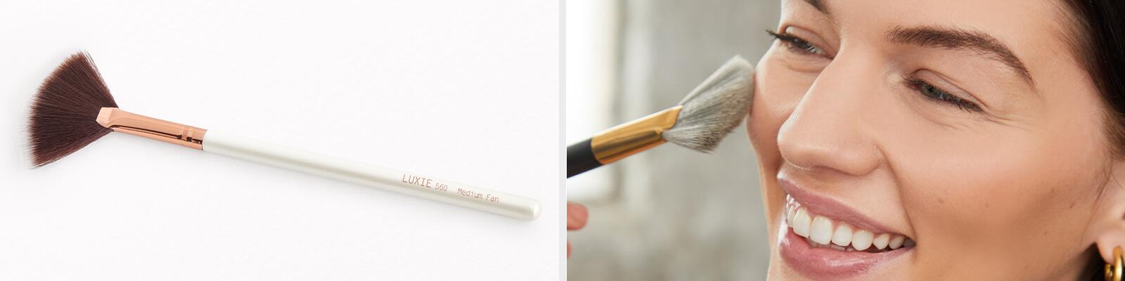 An image of the LUXIE BEAUTY 560 Medium Fan Flawless Brush and a model using a different fan brush to apply makeup Desktop