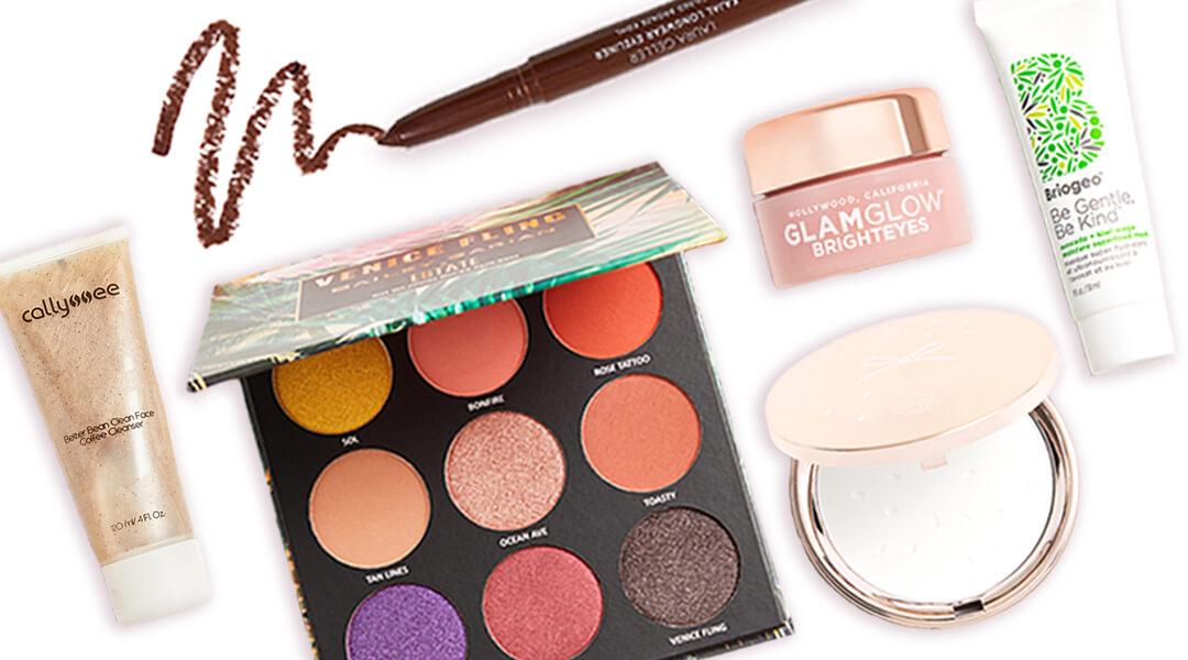 Image of various makeup, skincare, and hair care products on white background Desktop