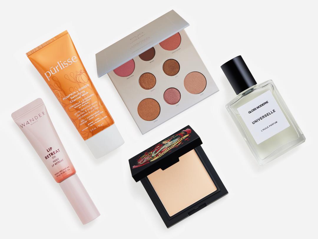 Makeup, skincare, and beauty products from the November 2022 IPSY Glam Bag Plus on white background Desktop