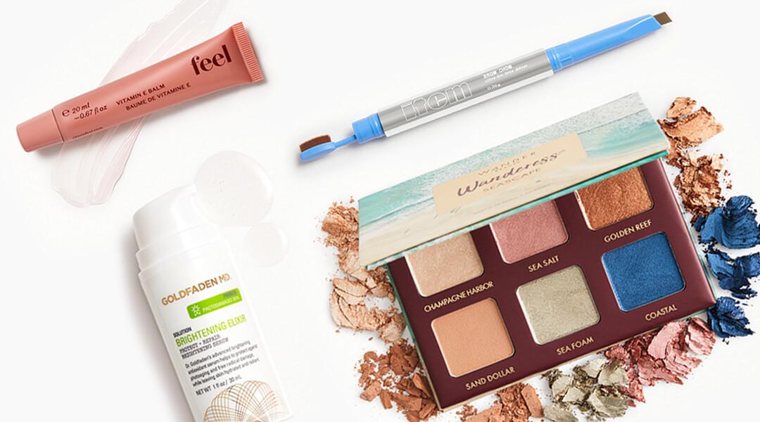 Skincare and makeup products from September 2020 IPSY Glam Bag Plus swatched on white surface Desktop