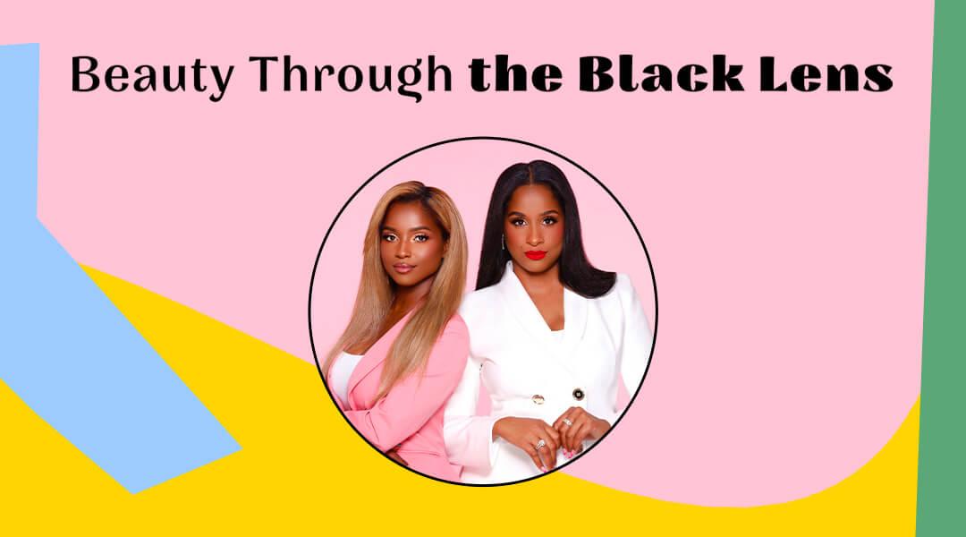 Studio portrait of Mabel and Shaira Frìas against pink background inside colorful frame with black text Beauty Through the Black Lens Desktop