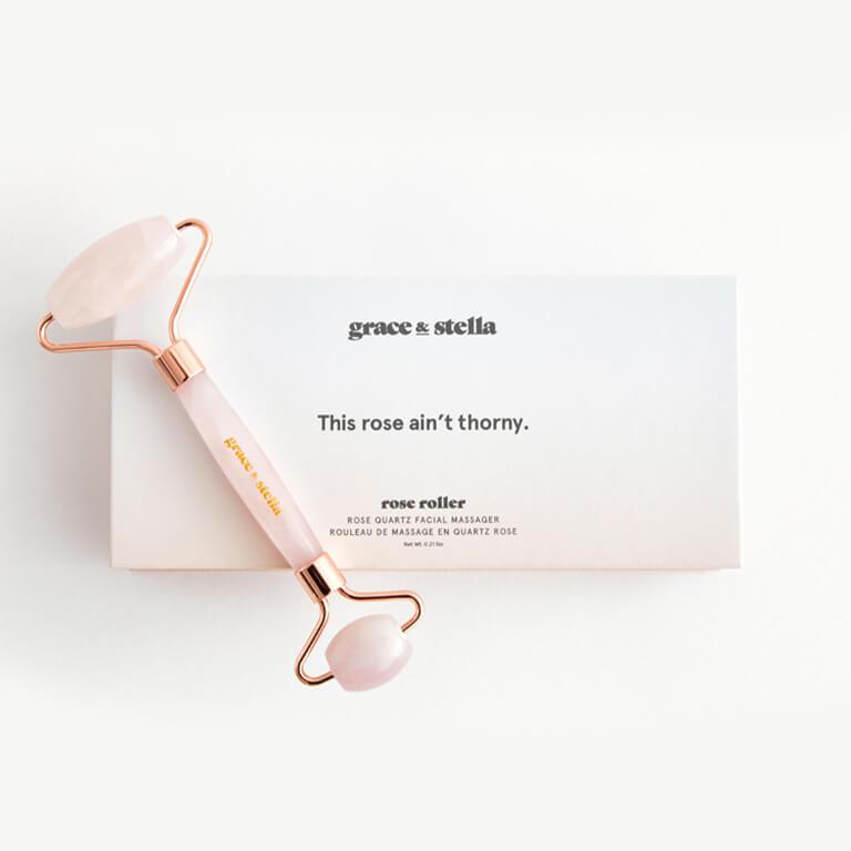 GRACE & STELLA Rose Quartz Facial Roller Desktop