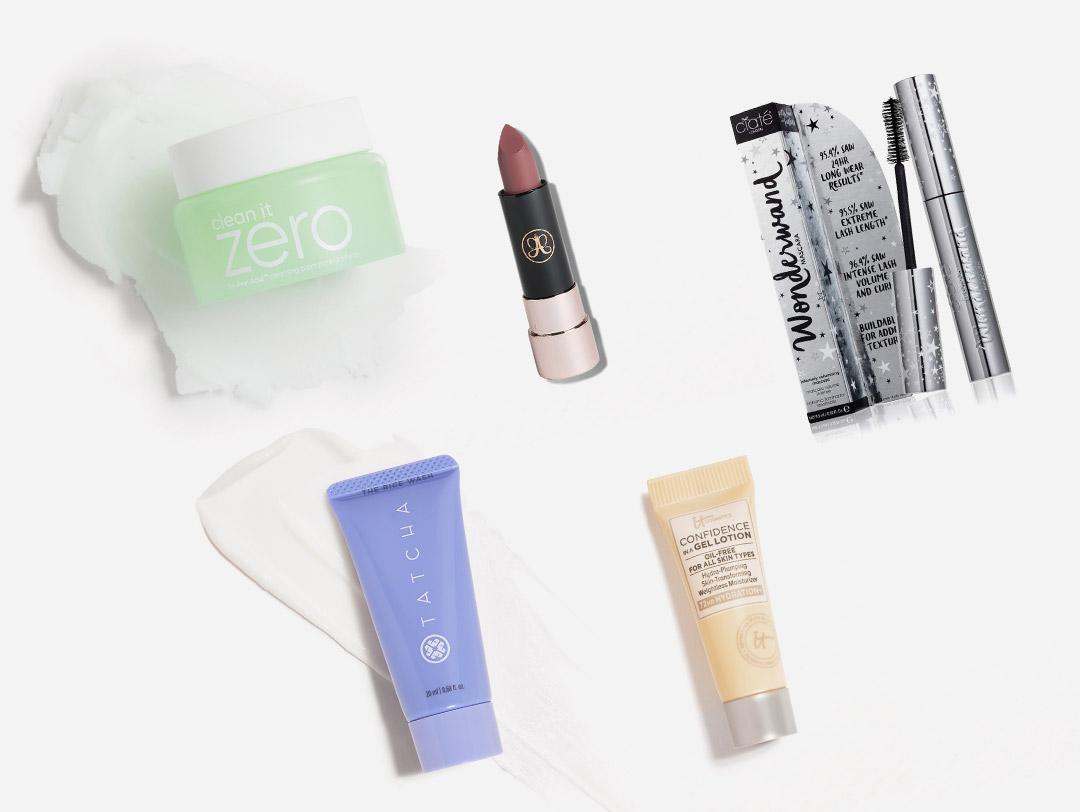 Makeup and skincare products from the September 2021 IPSY Glam Bag swatched on white background Desktop