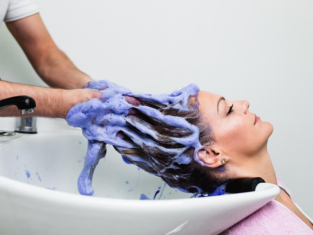 Image of a hairdressing washing woman's hair with purple shampoo in a salon bowl Desktop