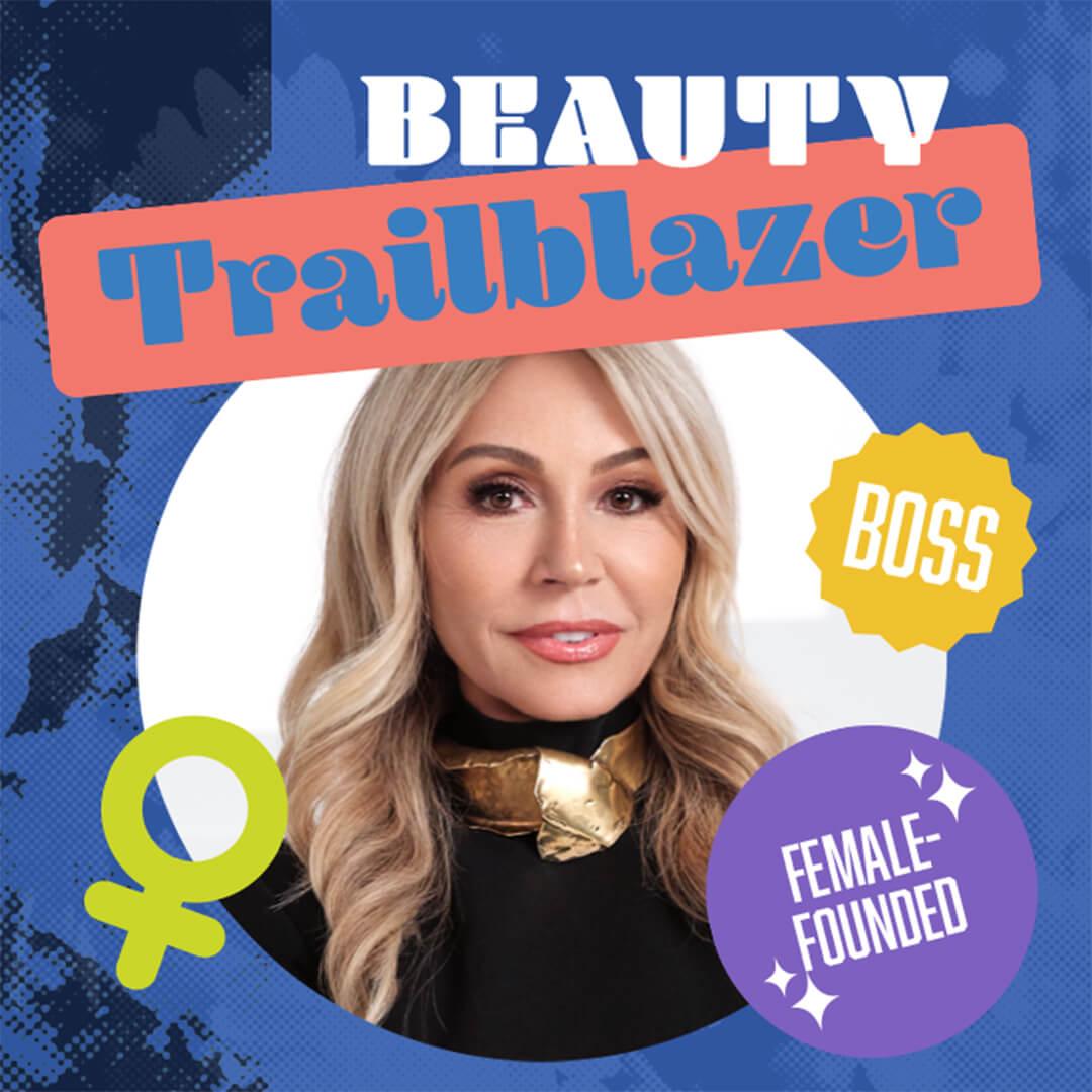 Profile image of Anastasia Soare in colorful graphic frame with text Beauty Trailblazers Desktop