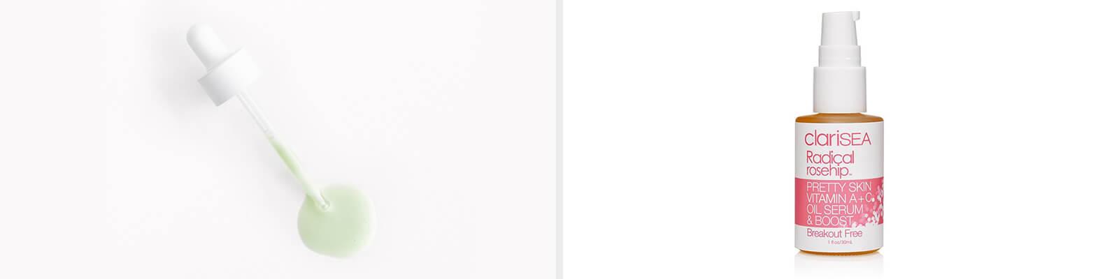 An image of a white dropper an mint green serum liquid and an image of CLARISEA Pretty Skin Vitamin A + C Oil Serum & Boost Desktop